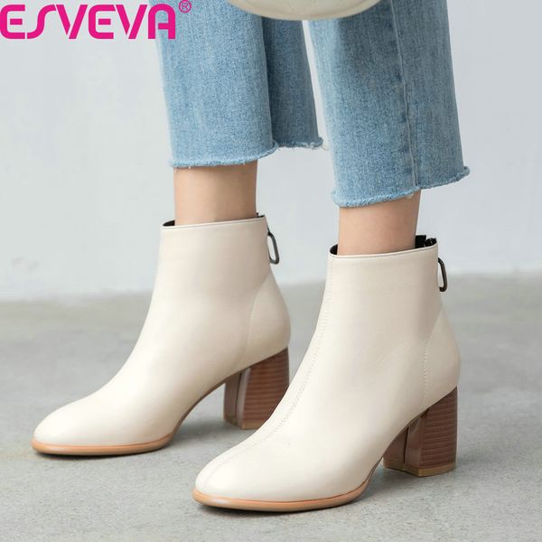 

esveva 2020 square high heel round toe casual ankle boots pu leather zipper autumn winter concise women shoes big size 34-43, Black