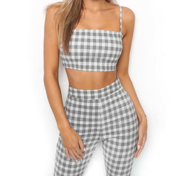 

2018 two piece plaid sets women tracksuit plaid casualsleeveless sweatsuit crop tank flare pants leggings, White