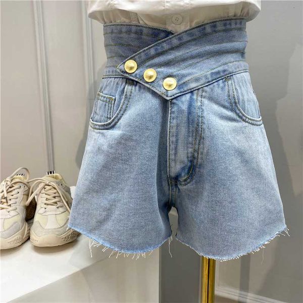 

ewq] 2020 summer new chic ladies bottom high waist women all-match blue shorts three-button buckle ripped jeans ladies qv274, White;black