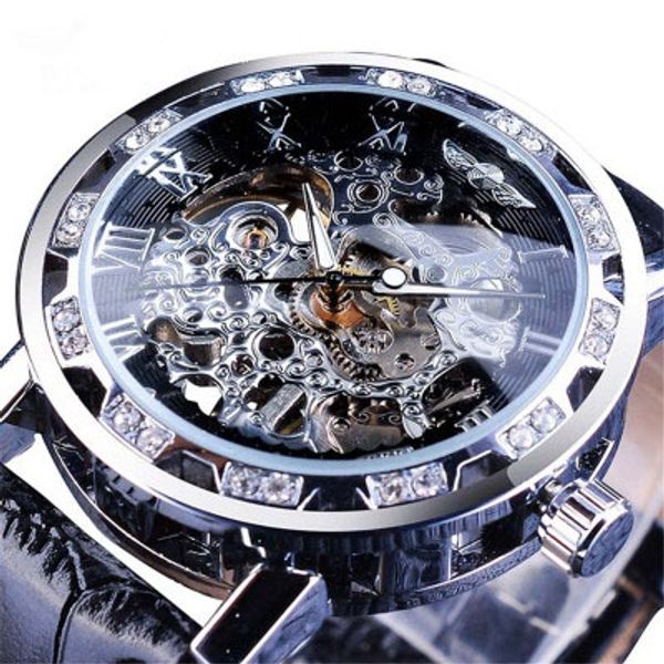 

2019 transparent fashion diamond display luminous hands gear movement retro royal design men mechanical skeleton wrist watches, Slivery;brown
