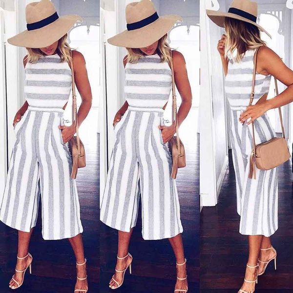 

jumpsuit womens sleeveless womens striped jumpsuit casual loose trousers leotard catsuit combinaison wide leg pants drop shipping, Black;white