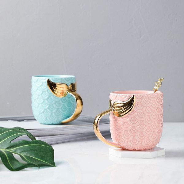 Tazze da caffè a forma di sirena Tazza in ceramica creativa con manico in oro per tazze da regalo per la casa al latte per tè e caffè HHA1061