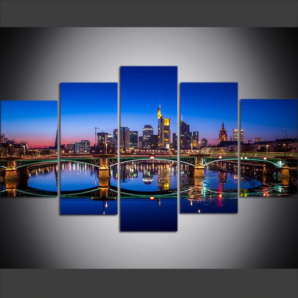 

5 piece large size canvas wall art pictures creative frankfurt, germany, night bridge art print oil painting for living room decor