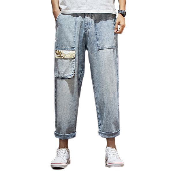 

new nine points jeans men loose tide pocket pants straight pants tide loose fatty big size 42, Blue