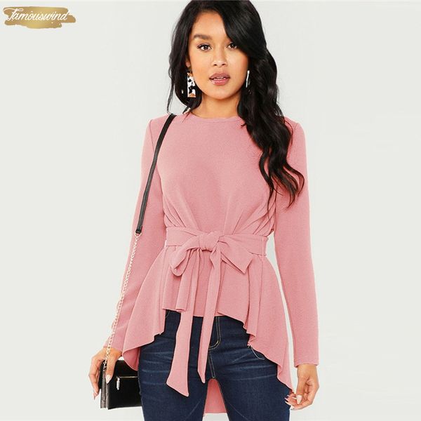 

pink women blouses long sleeve shirts shirt and autumn ladies self belted asymmetric hem womens elegant, White