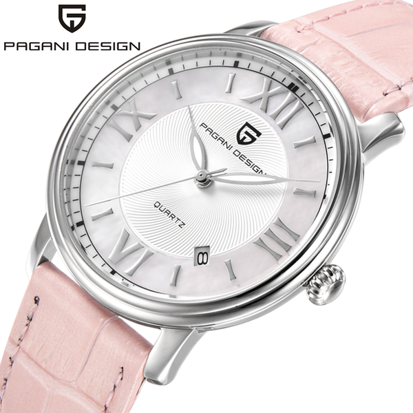 

pagani design fashion casual women quartz watch automatic date pink elegant case leather waterproof lady watch, Slivery;brown