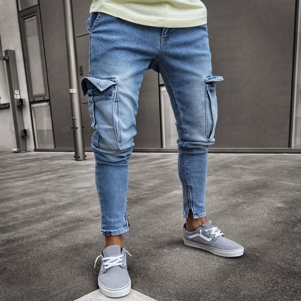 

fashion men's jeans pocket slim jeans hiphop men casual slim fit straight high stretch feet skinny pants men's black trousers homme