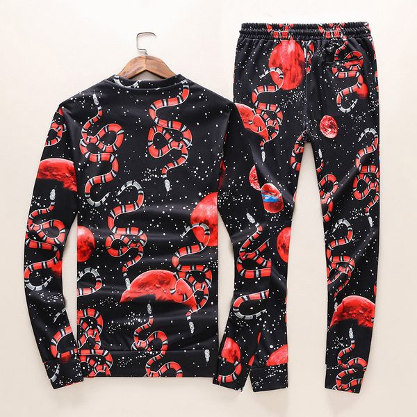 

Long Sleeve Crew Neck T-Shirts Long Pants Siuts 2 PCS Mens Snake Pattern Print Design Tracksuits Casual Slim Outfits Teenagers Sportswea