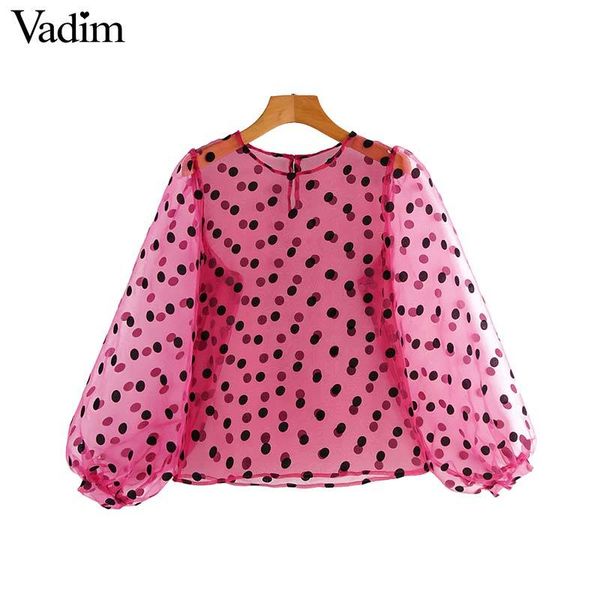 

vadim women oragnza transparent polka dot blouses long sleeve see through shirts chic pink casual blusas mujer lb799, White