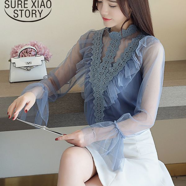 

womens and blouses blusas mujer de moda 2018 hollow out chiffon blouse patchwork stand flare sleeve women shirts 1967 50, White