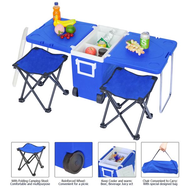 

outdoor picnic foldable multi-function rolling cooler upgraded stool blue