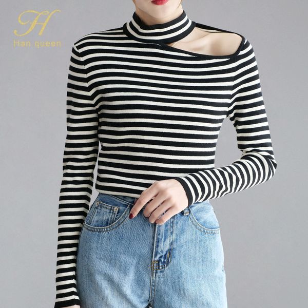 

h han queen off shoulder knitted jumpers women sweater casual slim long sleeve crocheted bottoming pullovers streetwear sweaters, White;black