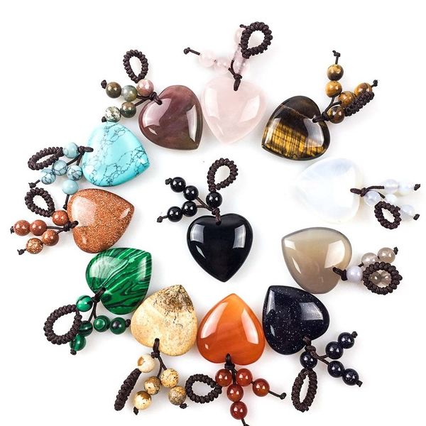 

handmade natural stone keychains reiki healing heart agates pink quartz keychains key ring for women men car bags accessories, Silver