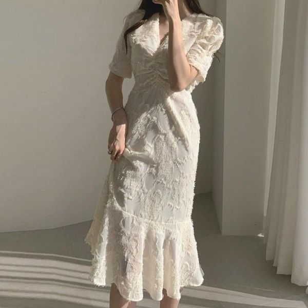 

sweet simple women mermaid dress solid white black high waist v-neck short sleeve pleated vintage dress date night vestidos, Black;gray