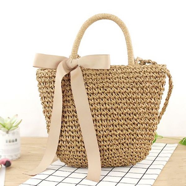 

casual women straw woven handbags ladies summer style beach bags fashion reusable shopping bag ribbon crossbody bag shoulder