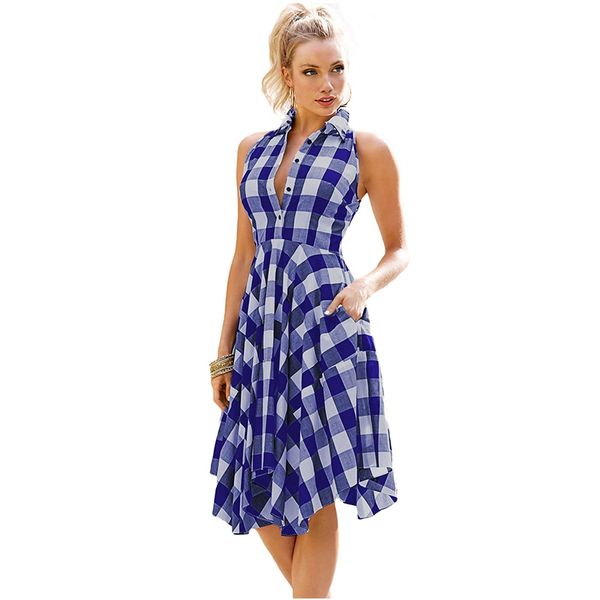

women's clothing flared plaid summer shirtdress explosions leisure vintage dresses shirt dress knee-length vestidos, Black;gray