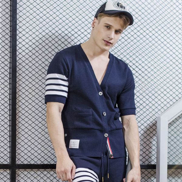 

2020 fashion tb brand t-shirt men short striped casual clothing summer v-neck cotton personality coat, White;black