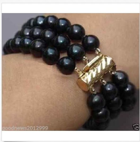 

3 row round 9-10 mm south sea black pearl bracelet 7.5-8" 14k gold clasp
