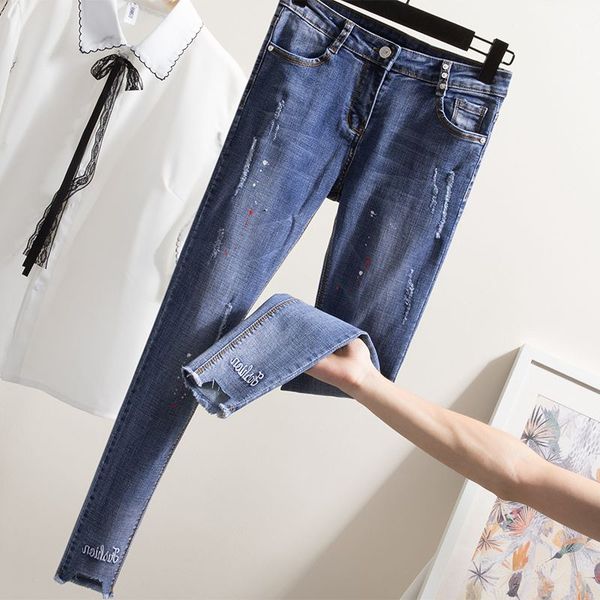 

4xl new thin hole casual denim pants female f0490, Blue