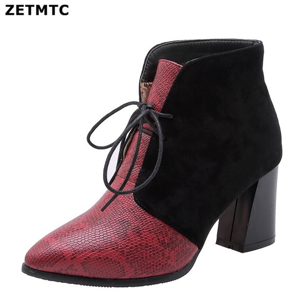 

fashion ankle boot snake print cross tie hoof high heels short boots pointed toe autumn boots shoes winter woman shoe botas muje, Black