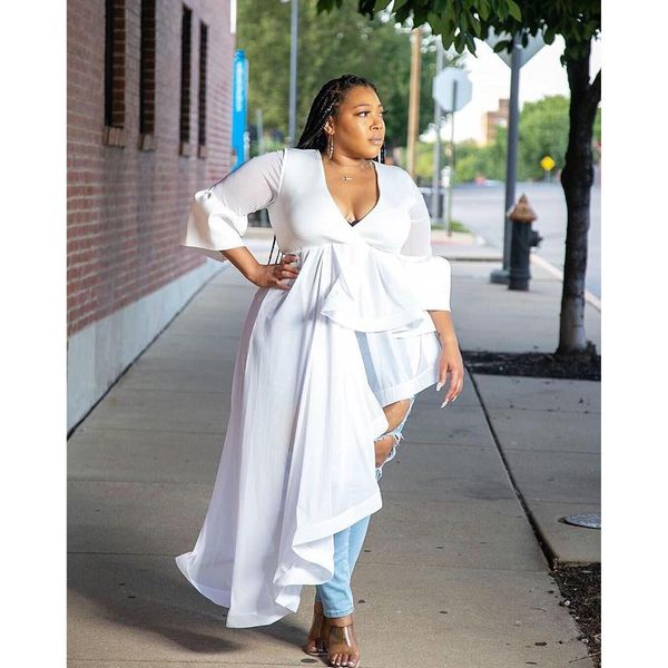 

women deep v-neck irregular blouse white flare sleeve ruffles long shirt plus size