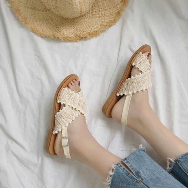 

2020 new net red sandals female flat shoes student ins tide summer fairy wild word belt beach rome, Black
