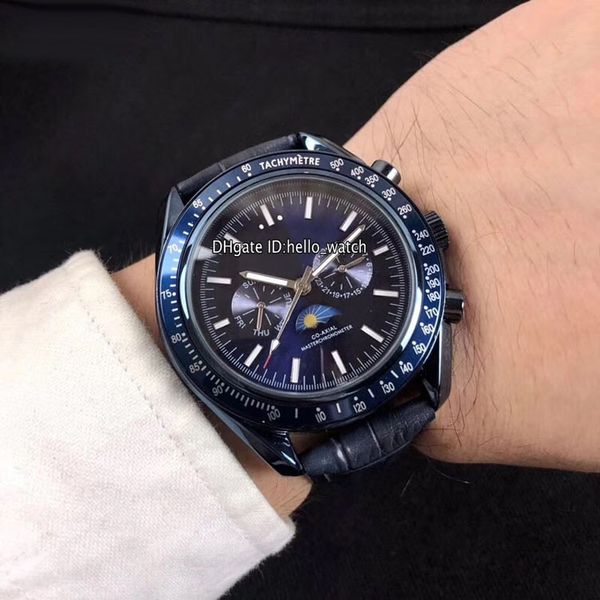 

new dark side of the moon pvd blue steel case 304.93.44.52.03.002 blue dial moon phase automatic mens watch leather strap watchces, Slivery;brown