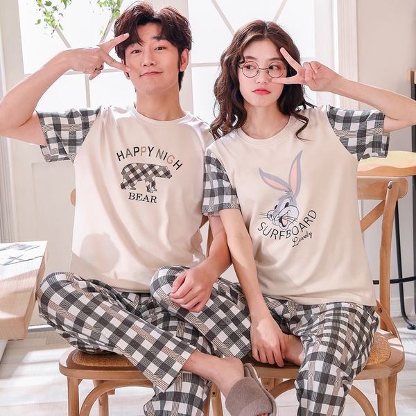 

summer cotton pajama sets couples short sleeve male sleepwear round neck women pajamas pijama pyjamas men's pajamas homewear, Black;brown