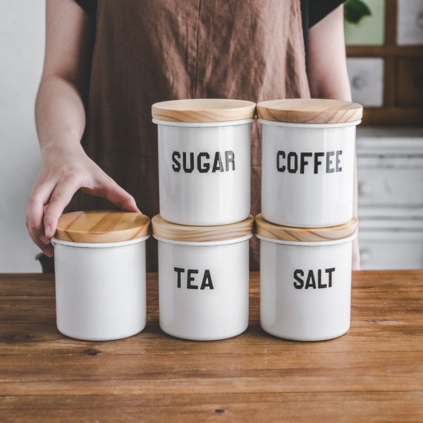 

porcelain enamel flanging sealed pot circular large capacity household storage tank coffee sugar salt storage box