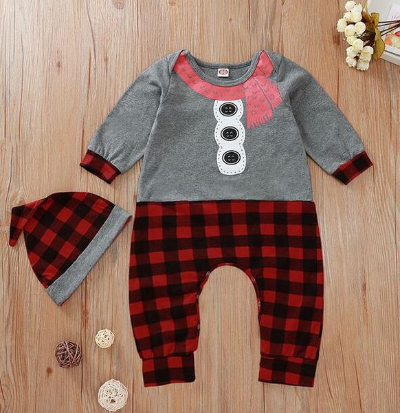 

autumn style baby boy girl rompers long sleeve christmas scarf plaid infant jumpsuit+hat 2pcs casual outfit kids newborn baby clothes, Blue