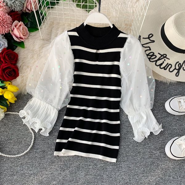 

2019 new spring autumn casual short knitting sweater women lantern sleeve sequin striped pullover female cc1395, White;black