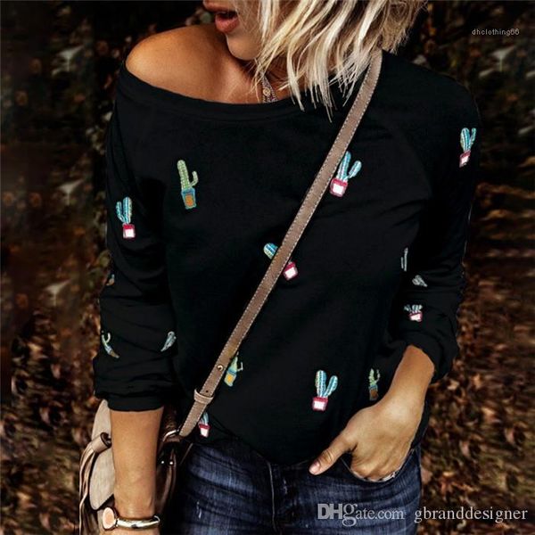 

crew neck print cactus pattern fashion undercoat casual comfortable women females long sleeve tshirt autumn cute, White