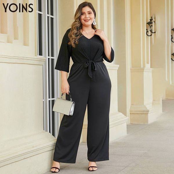 

yoins women elegant tie-up v-neck 3/4 length sleeve jumpsuit 2019 casual rompers playsuits female overalls plus size body, Black;white