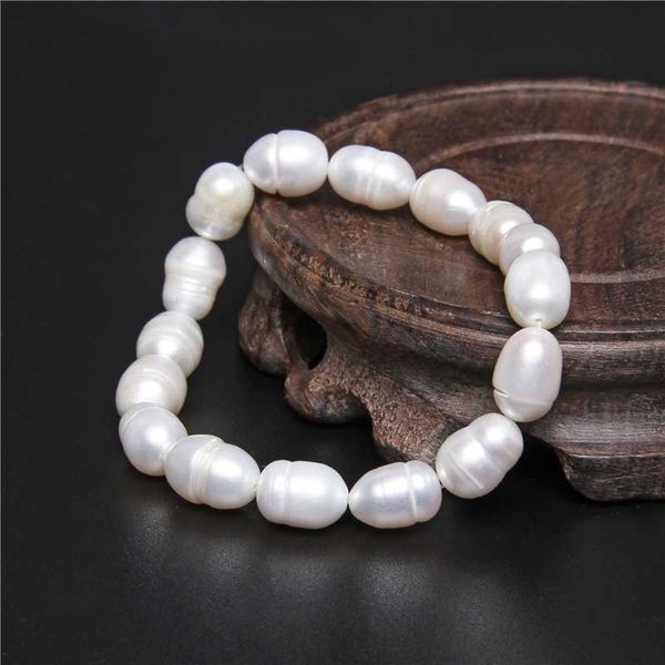 

8-10mm white natural baroque pearl elastic bracelet genuine freshwater oval pearls beaded bangle for women men fine jewelry gift, Black