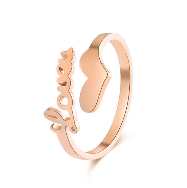 

fashion high polishing stainless steel alphabet love expandable ring 316l surgical steel heart ring rose gold women open ring, Golden;silver