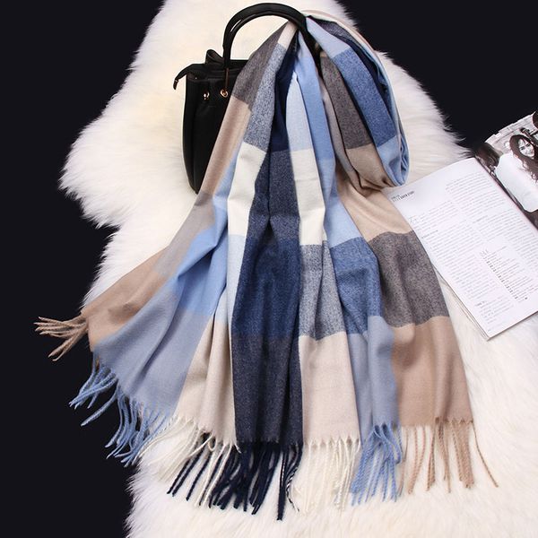 

2019 winter scarf for men women plaid warm soft scarfs tassels faux cashmere scarves man 200*70cm, Blue;gray