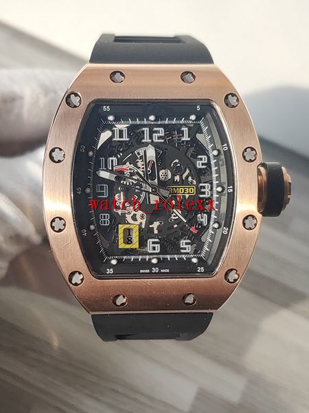 

high version rm 030 skeleton big date dial japan miyota automatic rm030 mens watch 50x40 rose gold black rubber strap sport watches, Slivery;brown