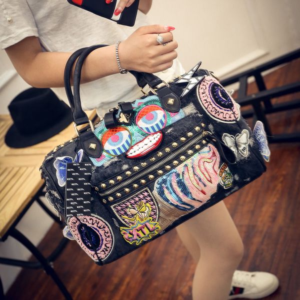 

rock style fashion totes women denim handbags casual shoulder bags blue handle bags vintage denim