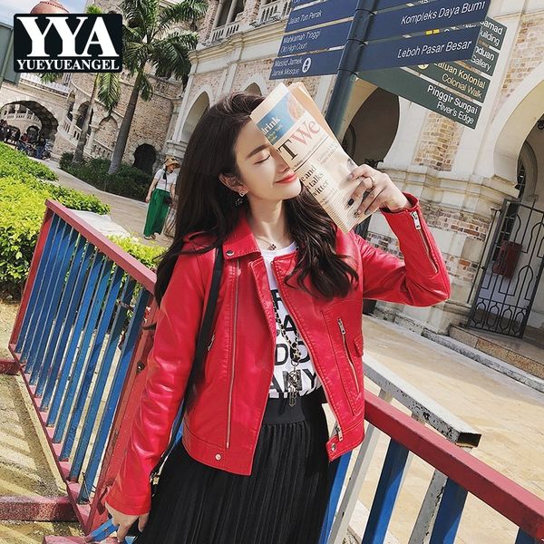 

fashion black red motorcycle leather jackets women lapel slim fit zipper short coats ladies streetwear quality pu leather jacket