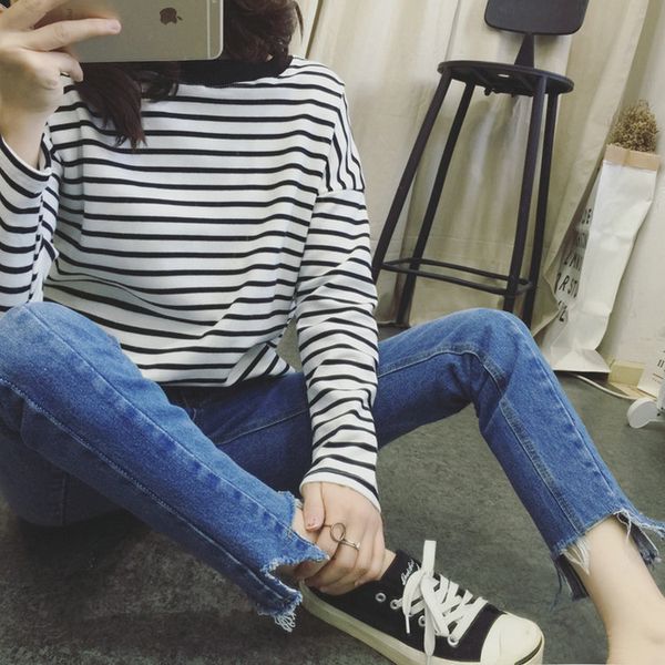 

long sleeve stripes t-shirt women's base shirt korean-style crew neck students business attire couple clothes, White