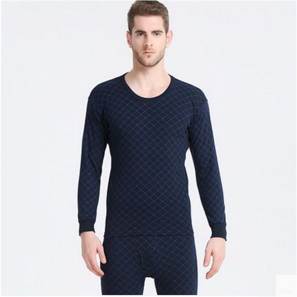 

men sets thin cotton o-neck underwear plaid long johns soft, Black;brown