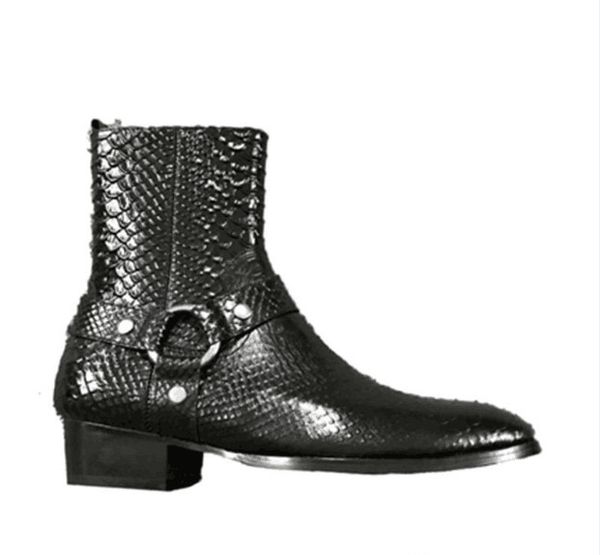 

high end new custom crocodile pattern embossed genuine leather slp martin boots factory outlet denim personality fashion men boots, Black