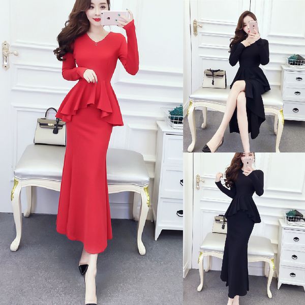 

mingyuan темперамент v-образным вырезом с длинным рукавом тонкий лист лотоса края ягодицы платье длинная юбка прилив, Black;gray