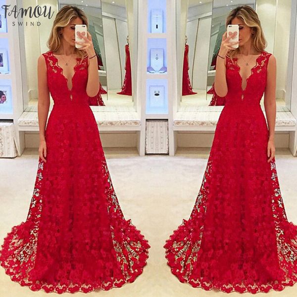 

hirigin elegant women deep v-neck floral lace hollow out long maxi dress evening formal party prom ball gown red vestido, Black;gray