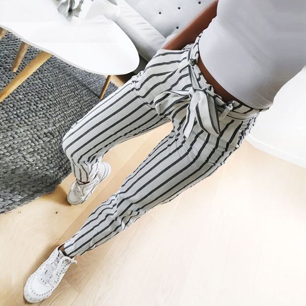

2018 моды осени женщин случайной середины брюки талии белого полосатый галстук шнурок сладкого эластичный пояс кармана случайных брюки, Black;white