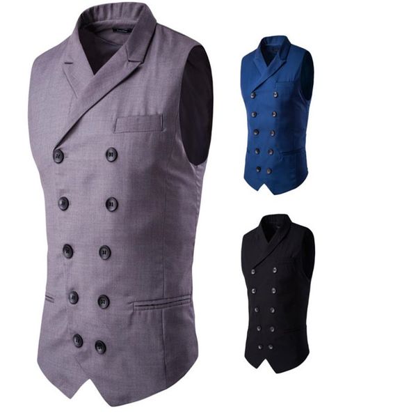 

ms sleeveless vest men double breasted turn down collar fake pockets design solid color brief slim fit for men dress vest business ship, Black;white