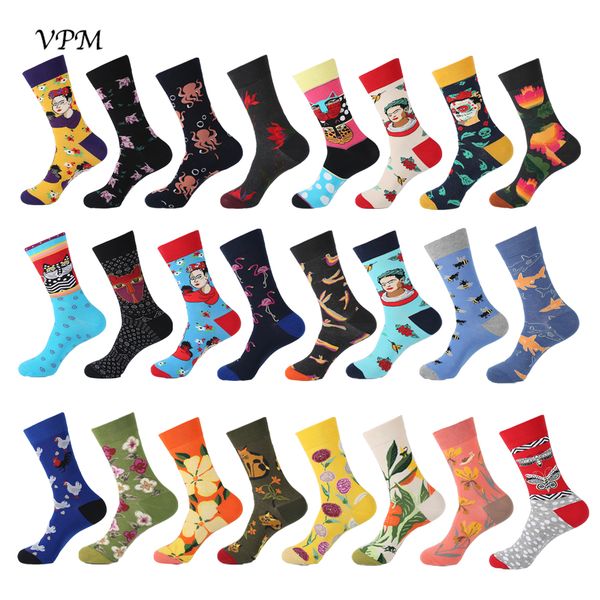 

vpm 2019 combed cotton men's socks harajuku colorful happy funny bird bee dress socks for male wedding christmas gift, Black