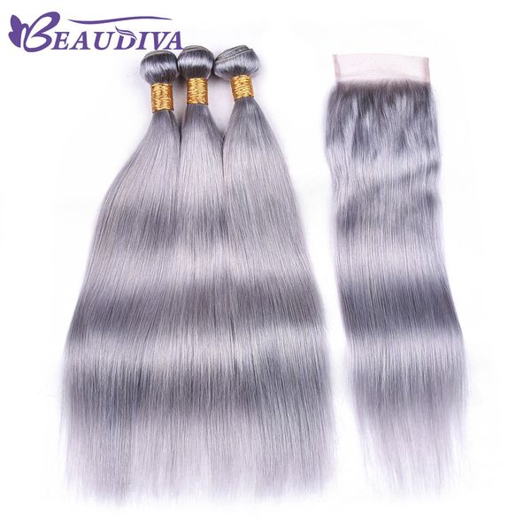 

beau diva silver grey bundles with closure remy peruvian straight hair with closure human hair bundles with lace closure 4*4, Black;brown