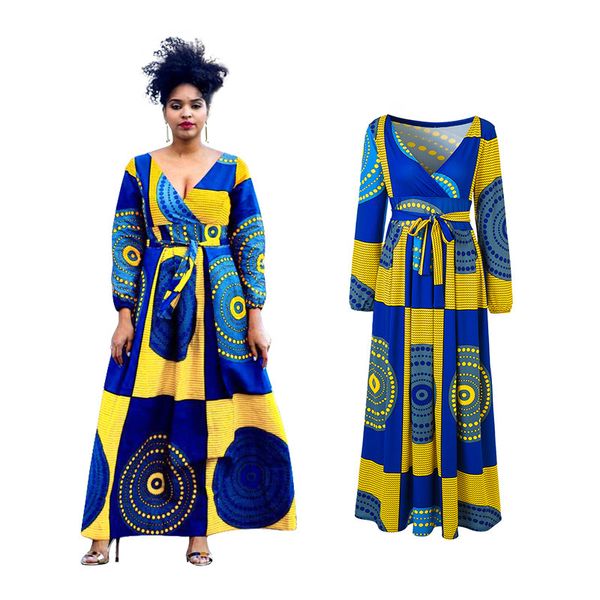 

summer 2019, stylish african apparel, dashiki, long sleeve floral, sexy, loose v-neck autumn/winter dress, Red