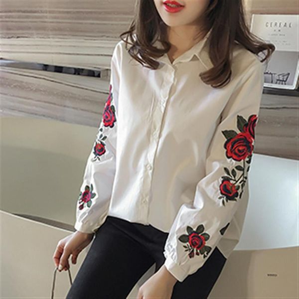 

2020 autumn striped shirt spring student korean style 2020 flower embroidered female lapel tunic tide white chemise femme